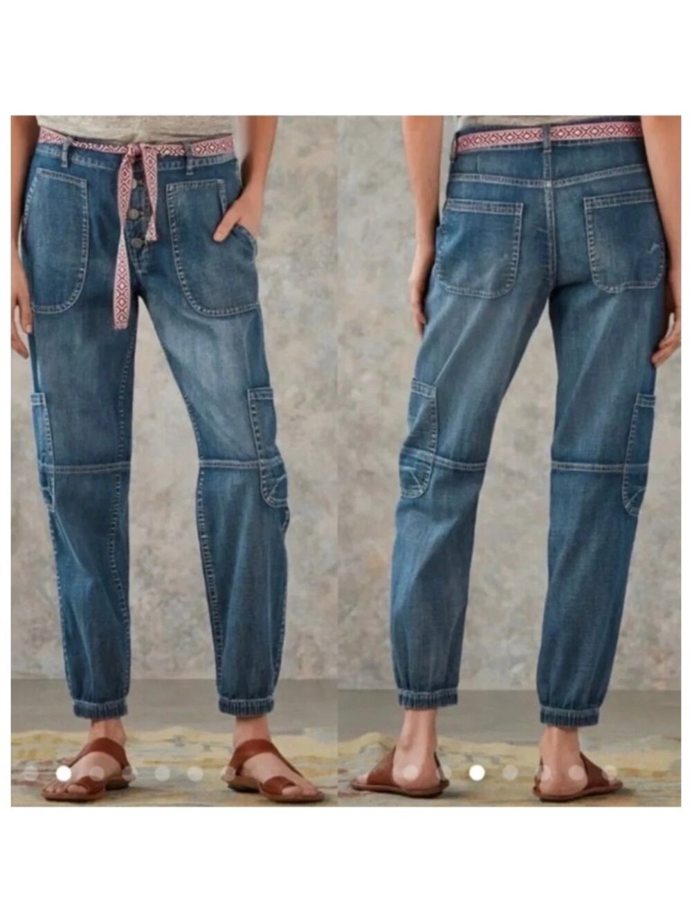 EUC Sundance Jolienne Cargo Joggers Jeans Women's Denim Pants Blue Button Fly 8